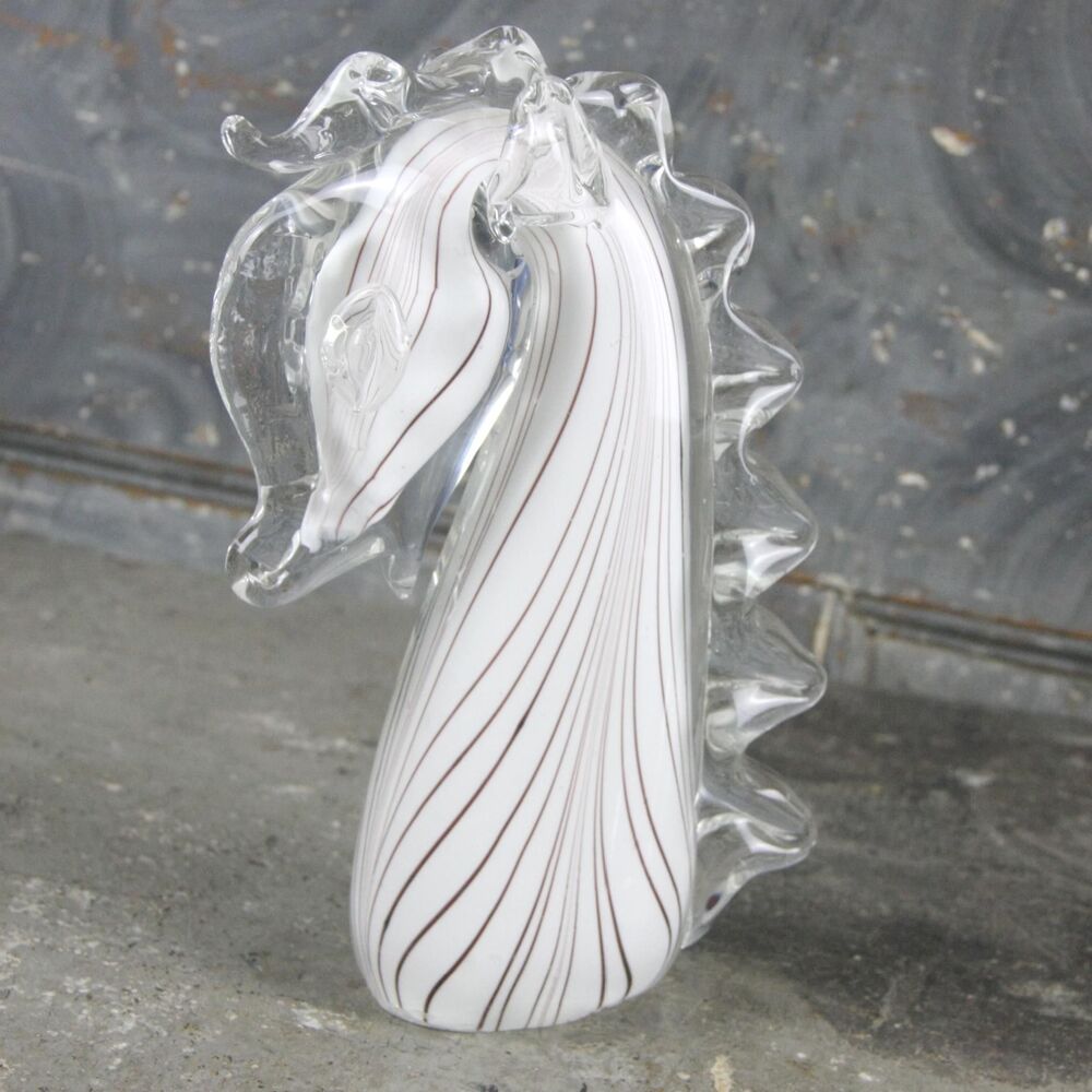 Murano Opaque Glass Horse Head sculpture with red and white stripes, circa 1970s